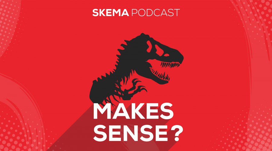 La pochette du podcast. Un squelette de dinosaure sur fond rouge.
